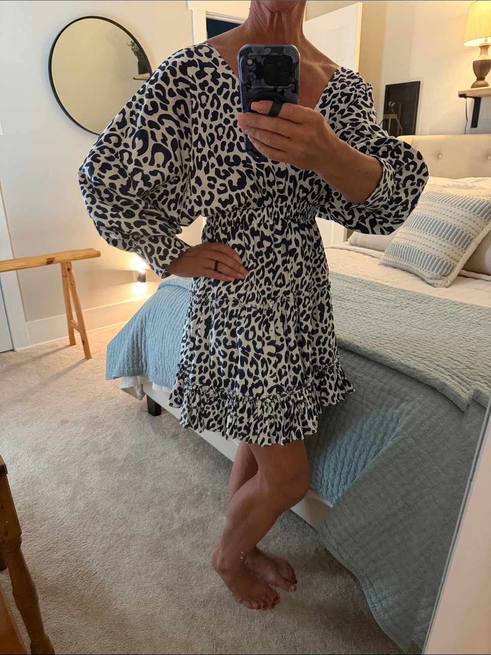 Glam Navy & White Leopard Print Ruffle Mini Dress